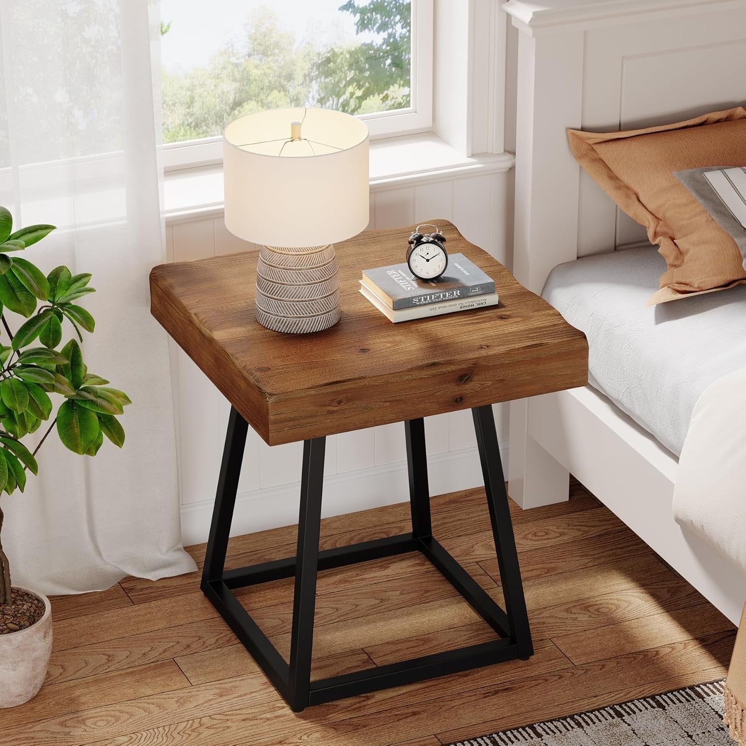 19.69" Solid Wood Nightstand, Industrial Square Bedside Table with Metal Frame