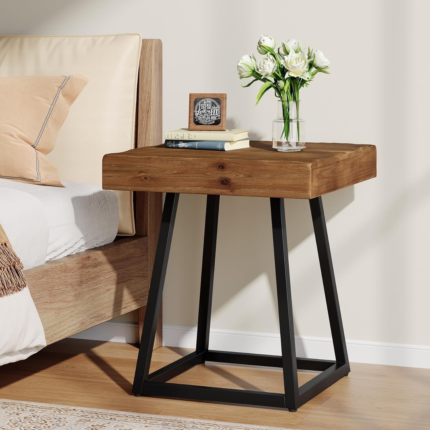19.69" Solid Wood Nightstand, Industrial Square Bedside Table with Metal Frame