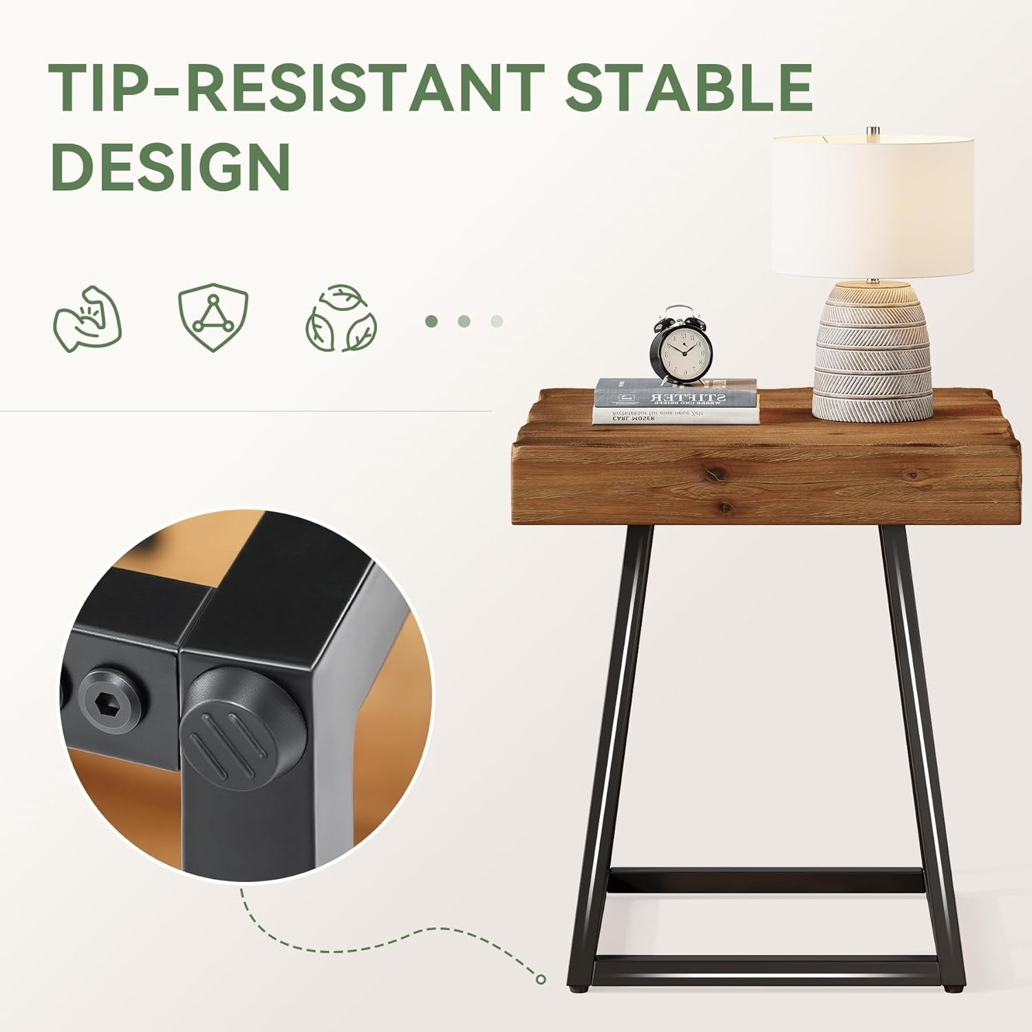 19.69" Solid Wood Nightstand, Industrial Square Bedside Table with Metal Frame