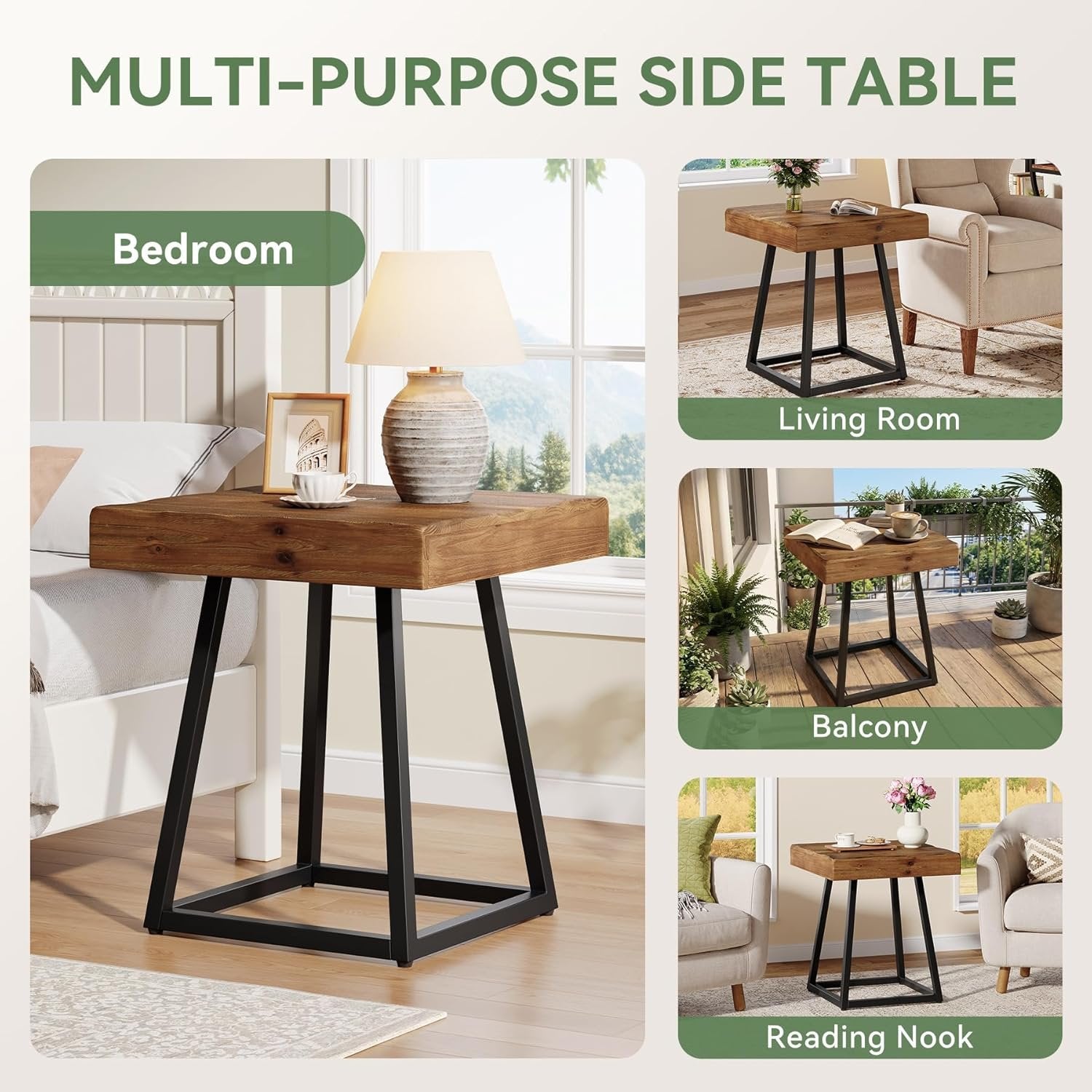19.69" Solid Wood Nightstand, Industrial Square Bedside Table with Metal Frame
