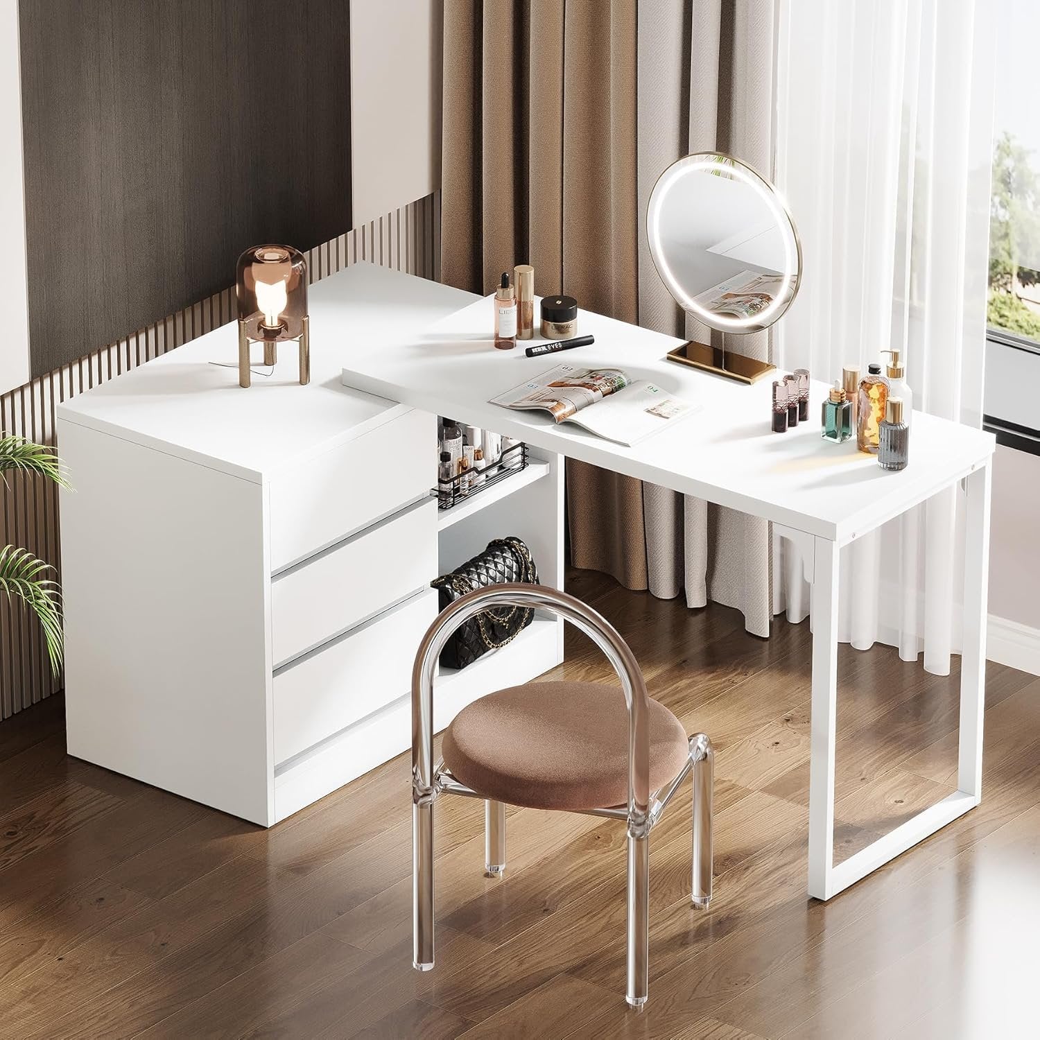 Modern Makeup Vanity, Dressing Table With 3 Drawers & Storage Shelves