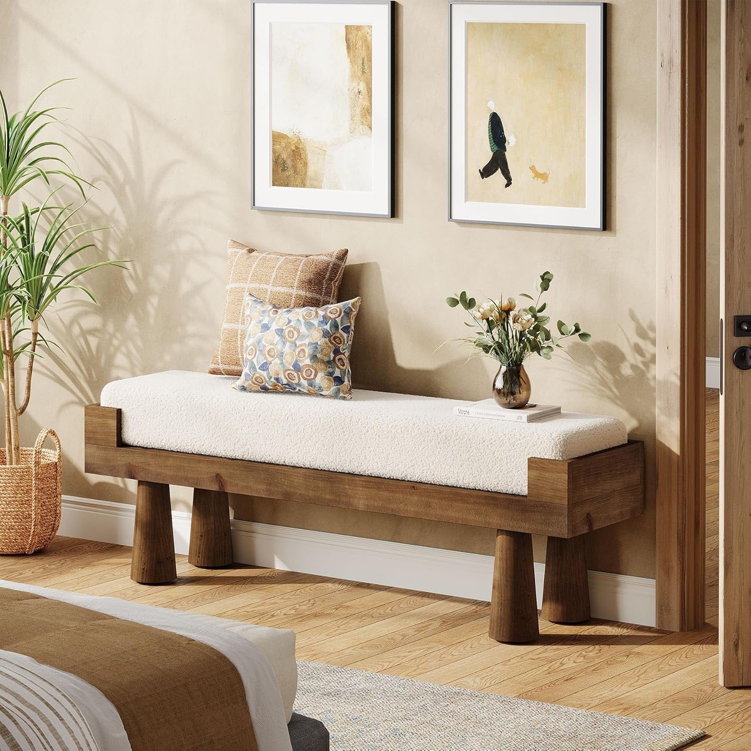 Upholstered Entryway Bench, Shoe Bench End of Bed Footstool with Solid Wood Legs