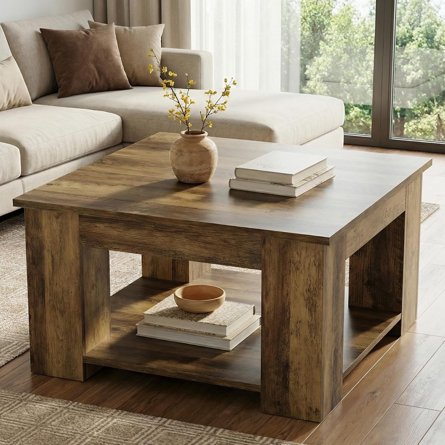 80cm Square Coffee Table, 2-Tier Center Table Cocktail Tea Furniture for Living Room