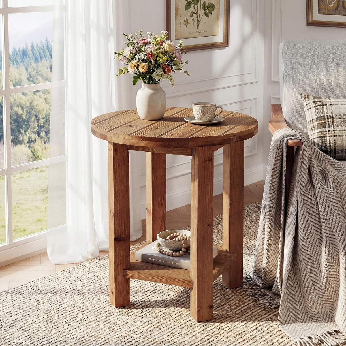 50cm Round Bedside Table, 2-Tier Wooden Nightstand for Bedroom