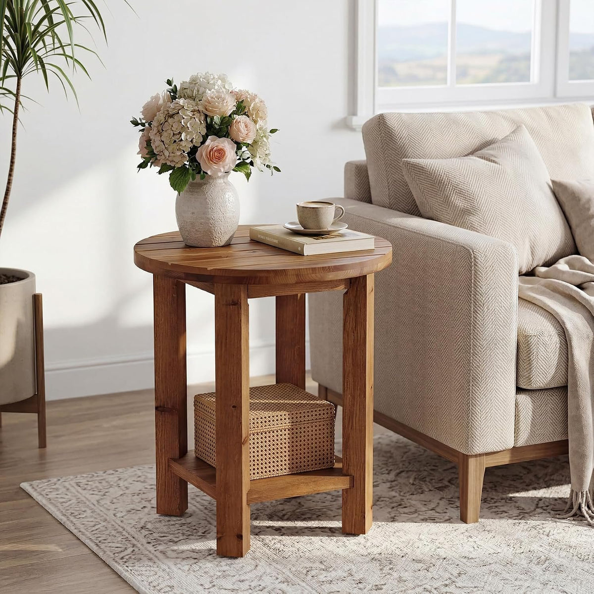 50cm Round Bedside Table, 2-Tier Wooden Nightstand for Bedroom