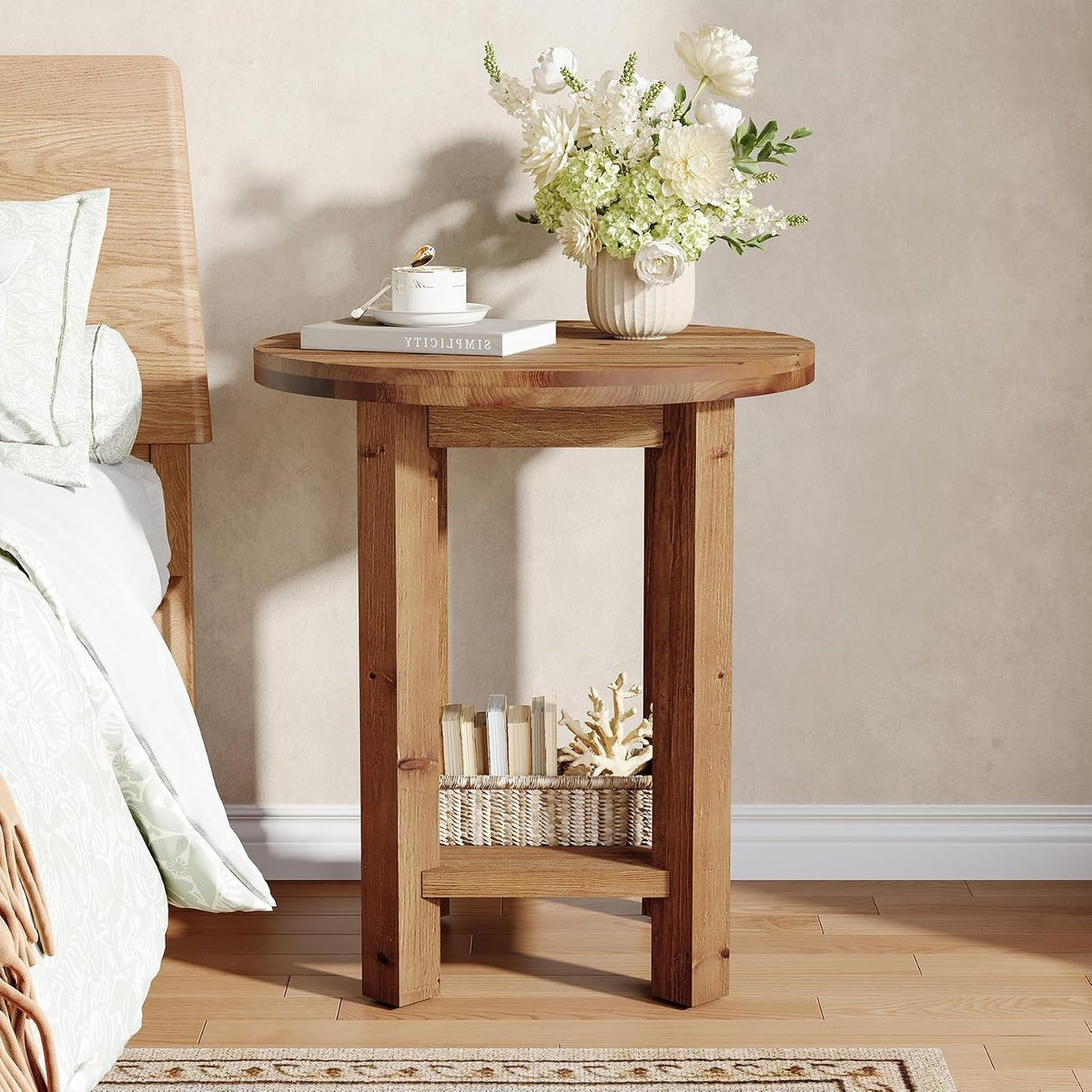 50cm Round Bedside Table, 2-Tier Wooden Nightstand for Bedroom