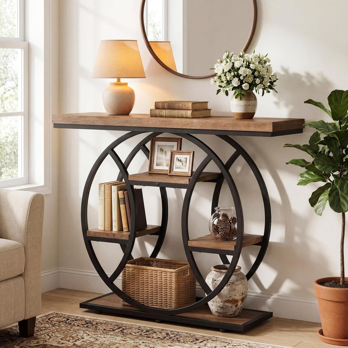 105cm Console Table, 4-Tier Round Metal Frame Side Table for Entryway