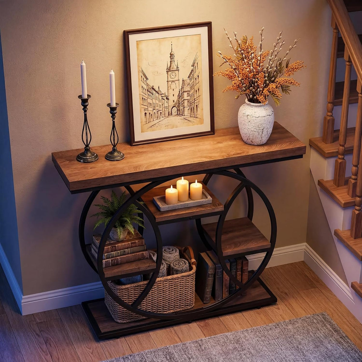 105cm Console Table, 4-Tier Round Metal Frame Side Table for Entryway