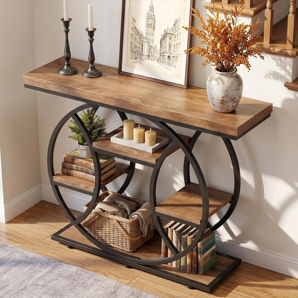 105cm Console Table, 4-Tier Round Metal Frame Side Table for Entryway