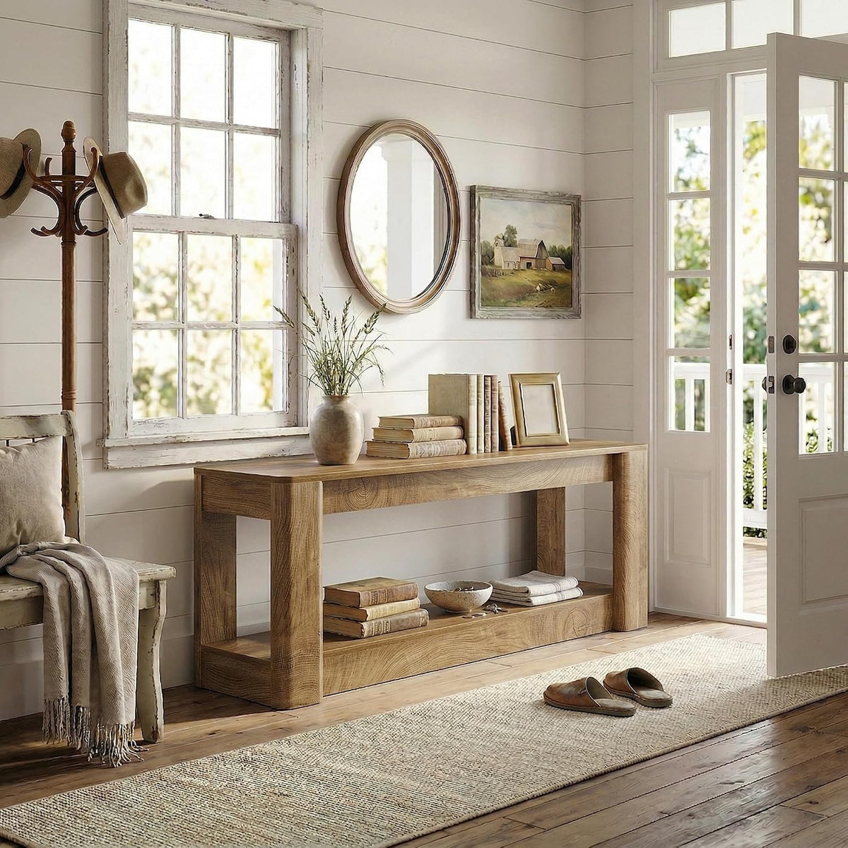 160cm Console Table, Farmhouse Narrow Entryway & Sofa Table with Open Lower Shelf