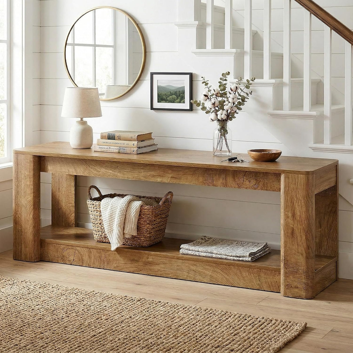 160cm Console Table, Farmhouse Narrow Entryway & Sofa Table with Open Lower Shelf