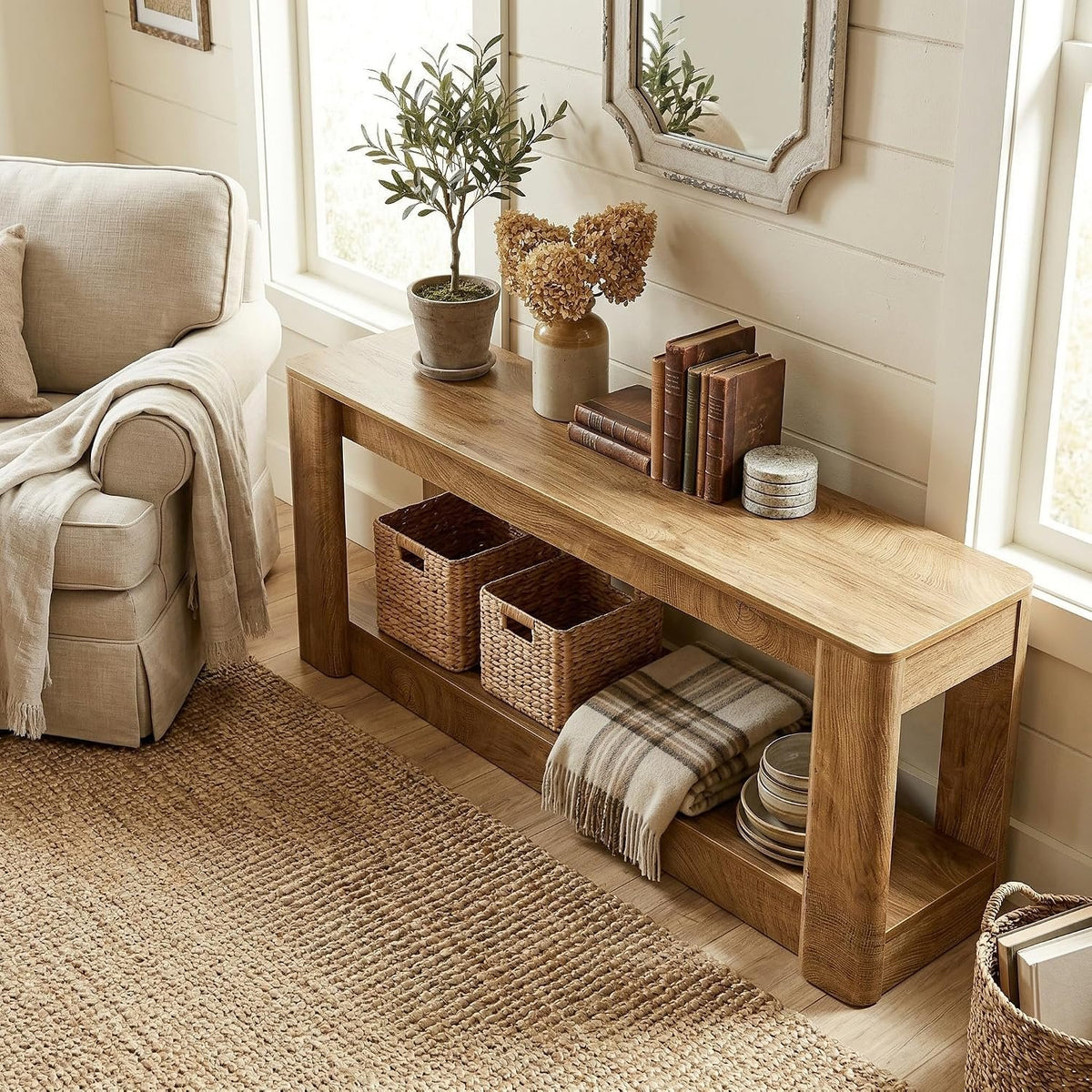 160cm Console Table, Farmhouse Narrow Entryway & Sofa Table with Open Lower Shelf