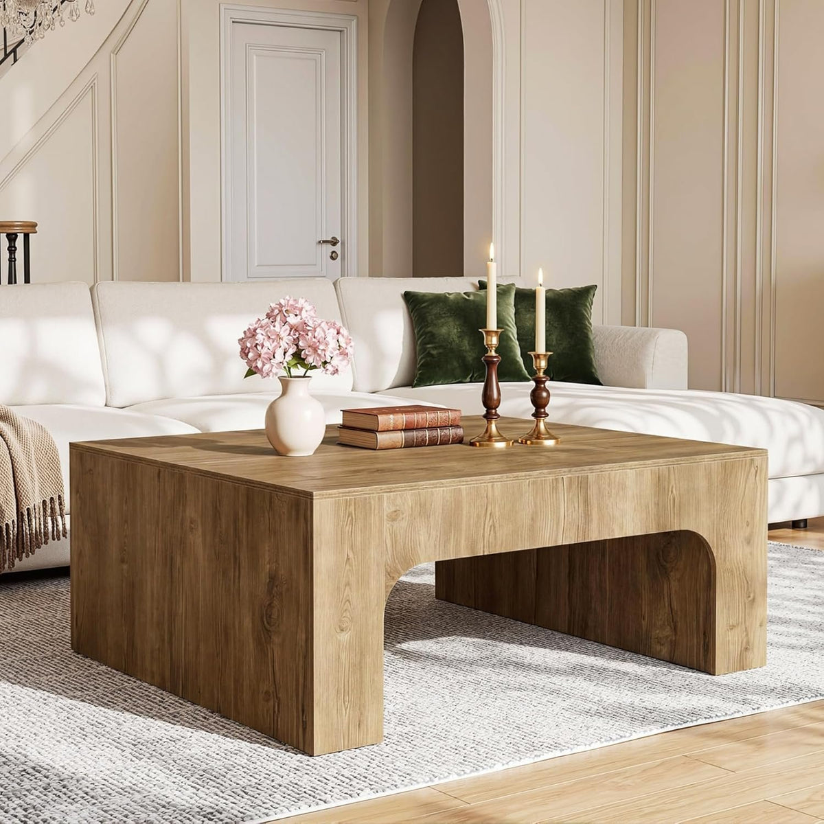 100cm Square Coffee Table, Rustic Curved Wooden Sofa Table