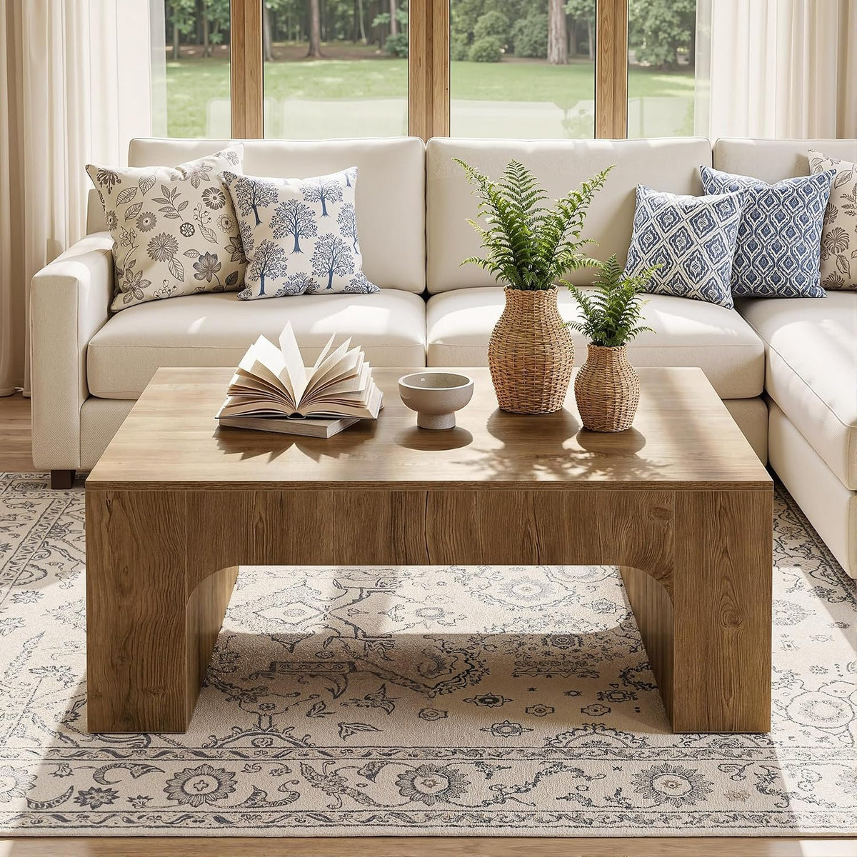100cm Square Coffee Table, Rustic Curved Wooden Sofa Table