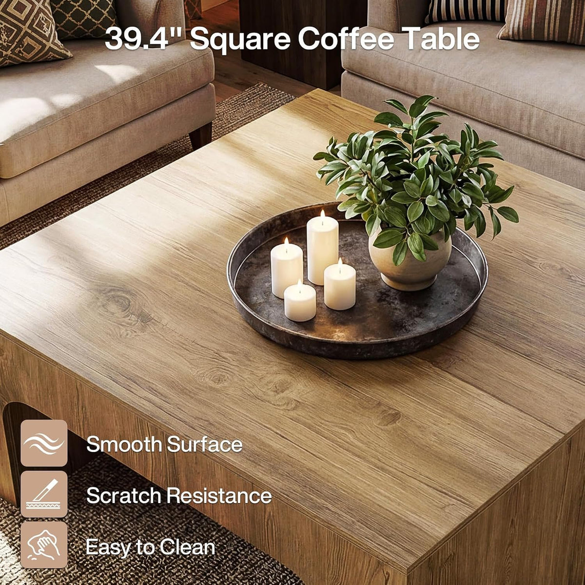 100cm Square Coffee Table, Rustic Curved Wooden Sofa Table