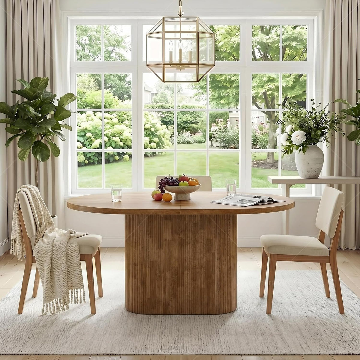 120cm Oval Dining Table, Rustic Wood Meeting Table for 4 with Polygonal Base
