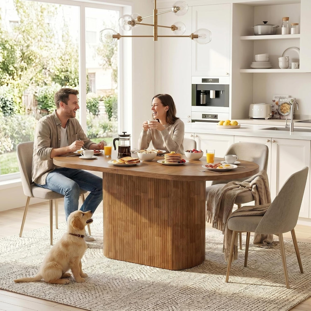 120cm Oval Dining Table, Rustic Wood Meeting Table for 4 with Polygonal Base