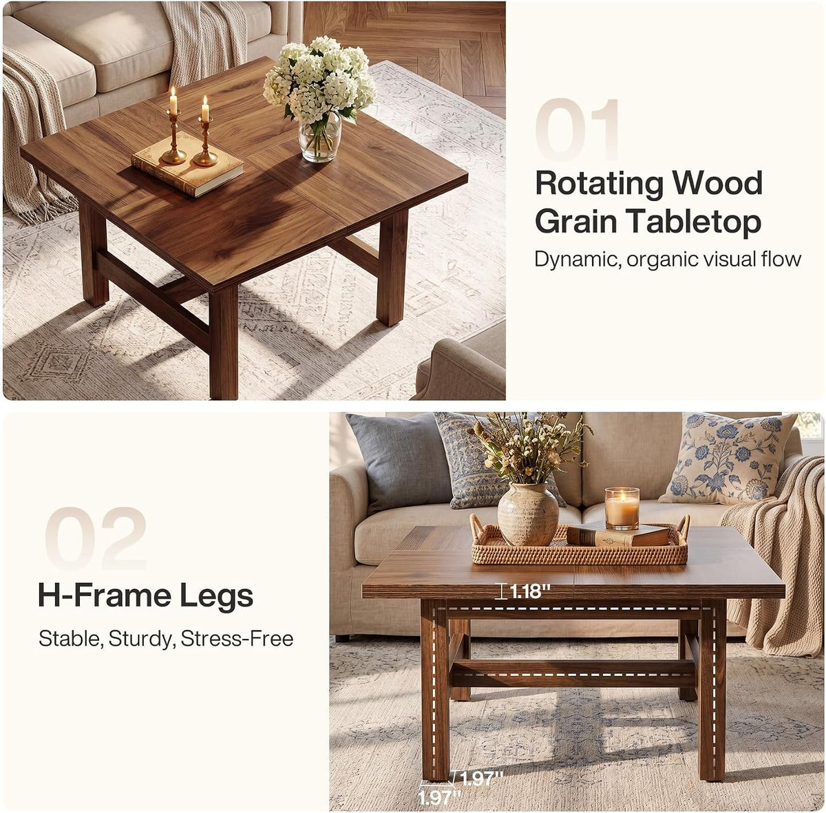 79cm Square Coffee Table, Sturdy Wooden Living Room Table