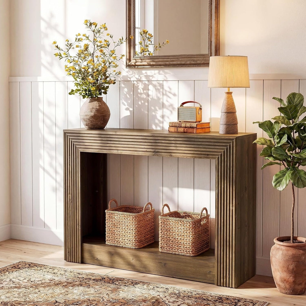 105cm Console Table, Farmhouse 2-Tier Narrow Side Table with Storage for Entryway