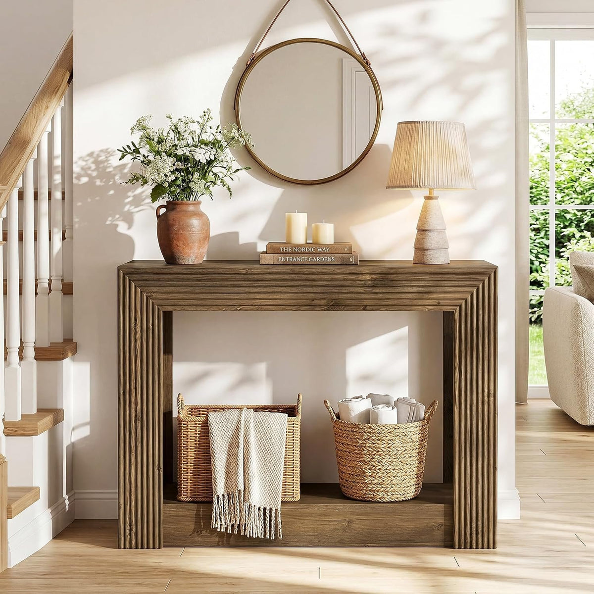 105cm Console Table, Farmhouse 2-Tier Narrow Side Table with Storage for Entryway
