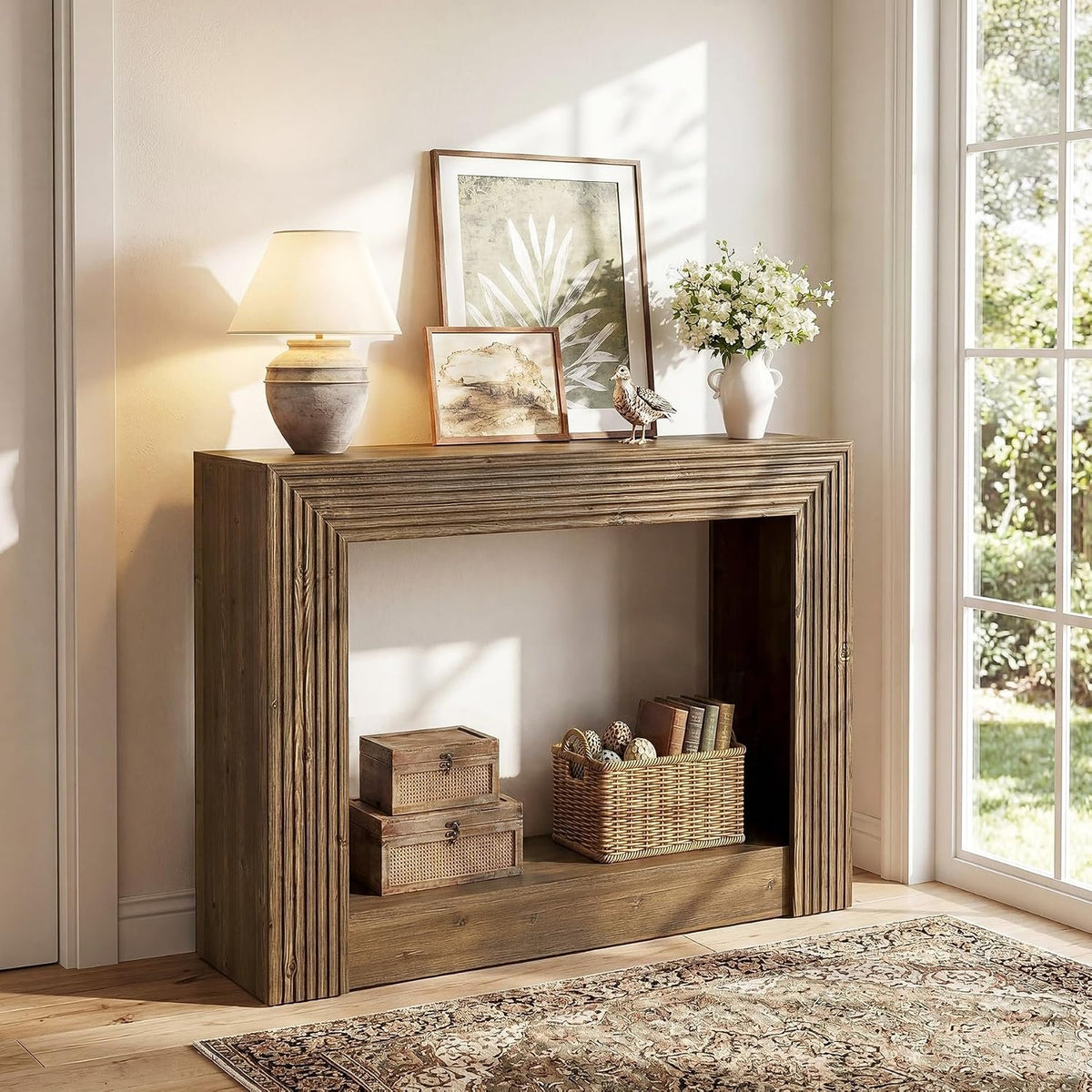 105cm Console Table, Farmhouse 2-Tier Narrow Side Table with Storage for Entryway