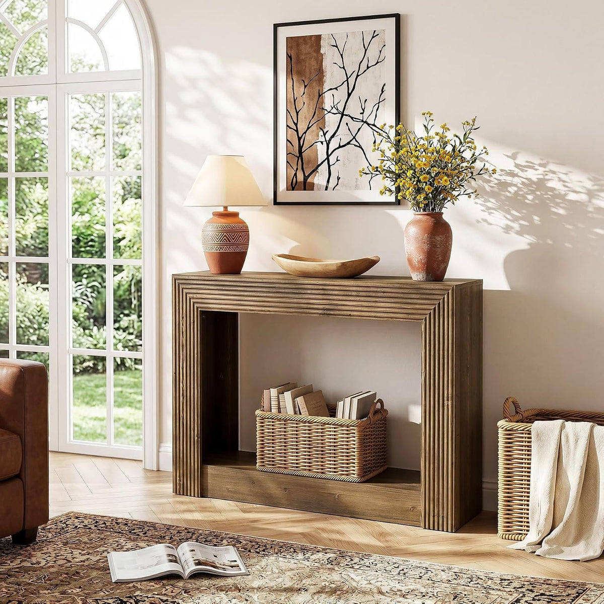 105cm Console Table, Farmhouse 2-Tier Narrow Side Table with Storage for Entryway