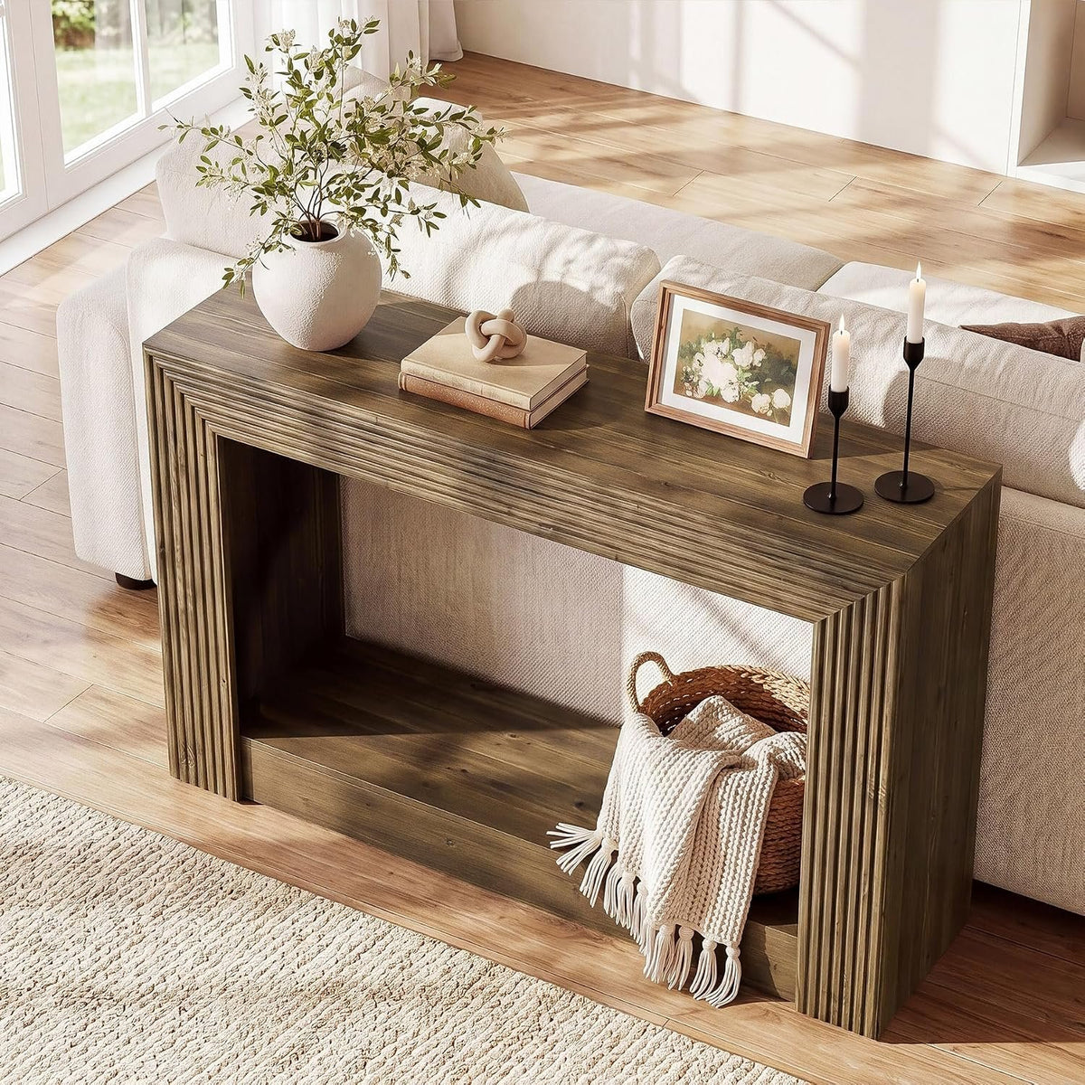 105cm Console Table, Farmhouse 2-Tier Narrow Side Table with Storage for Entryway
