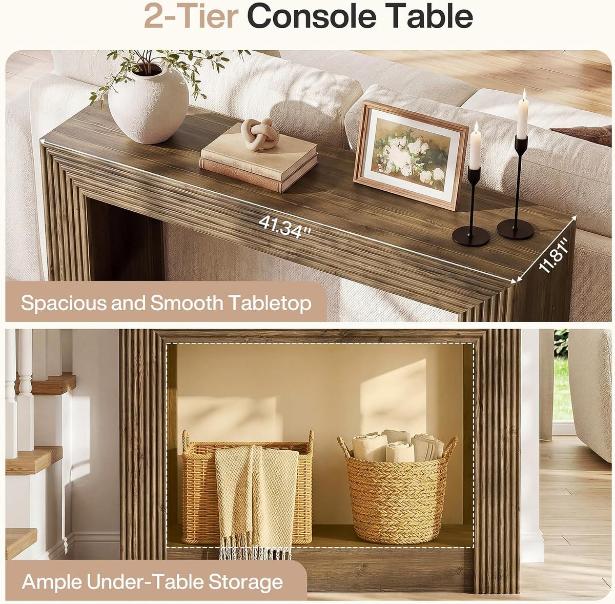 105cm Console Table, Farmhouse 2-Tier Narrow Side Table with Storage for Entryway
