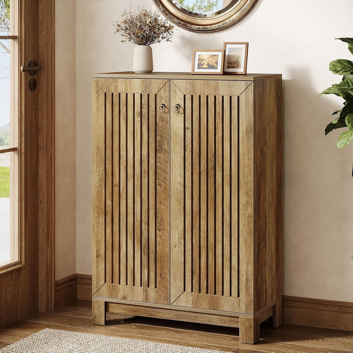 110cm Shoe Cabinet, 5-Tier Rustic Wooden Storage with Louvre Doors for Hallway Living Room