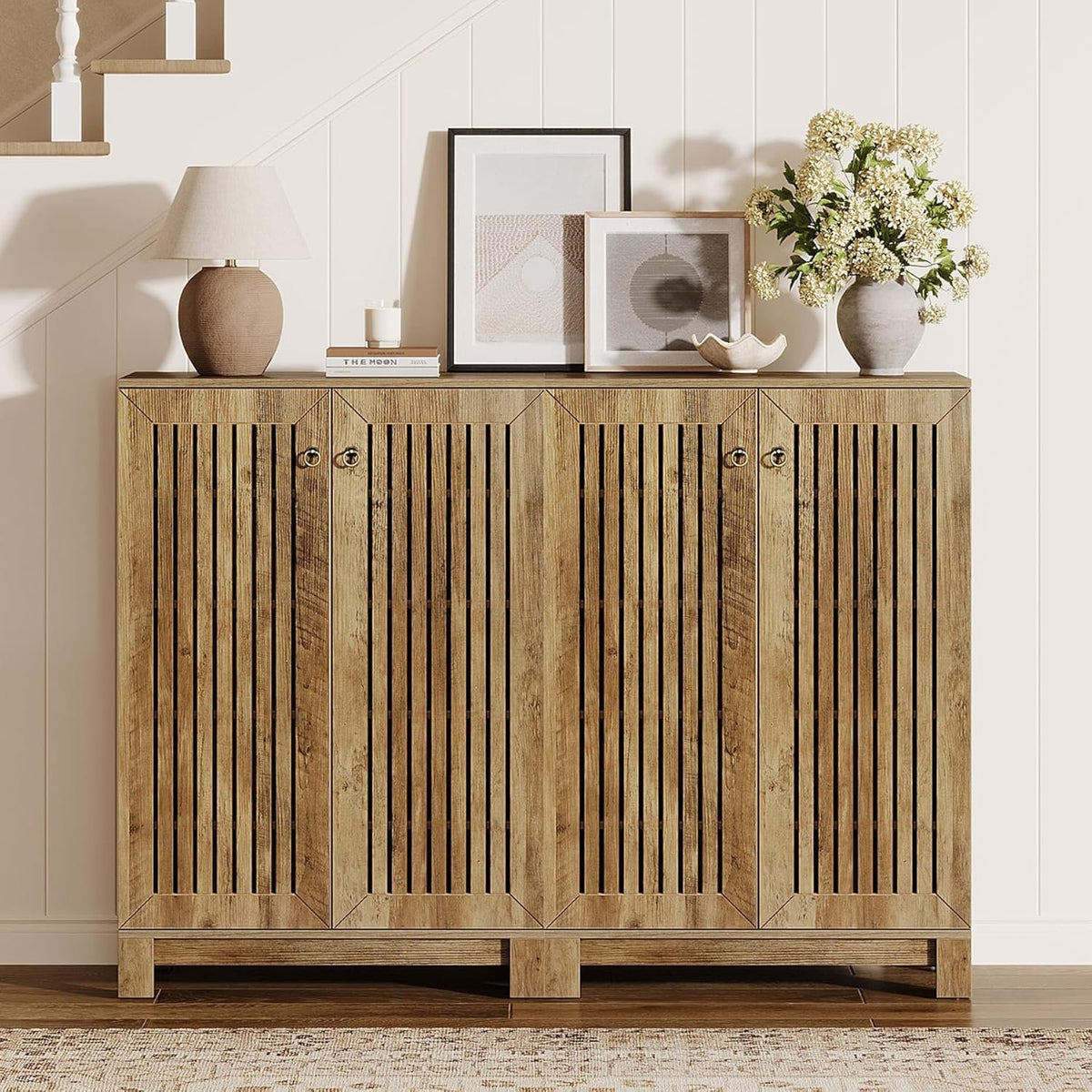 110cm Shoe Cabinet, 5-Tier Rustic Wooden Storage with Louvre Doors for Hallway Living Room