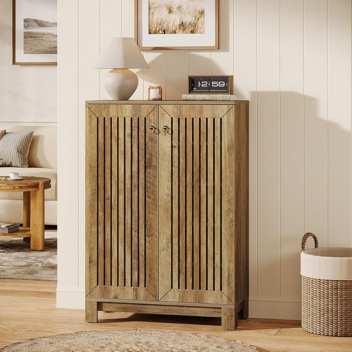 110cm Shoe Cabinet, 5-Tier Rustic Wooden Storage with Louvre Doors for Hallway Living Room