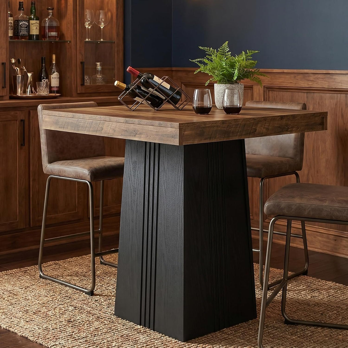 80cm Square Bar Table, Rustic Pub Table with Ribbed Base for Kitchen Dining