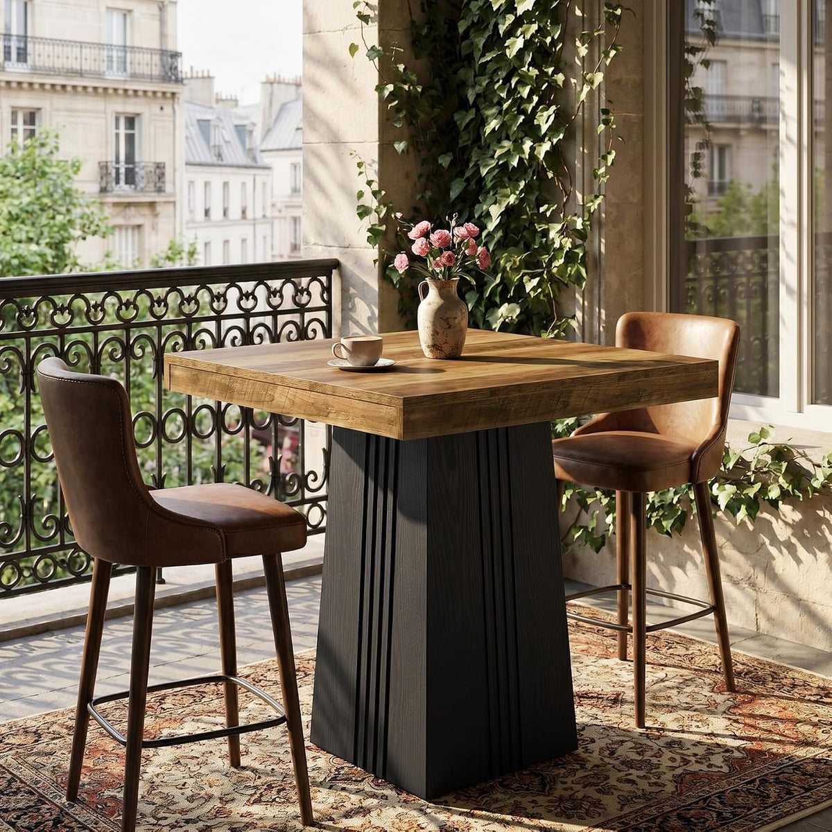 80cm Square Bar Table, Rustic Pub Table with Ribbed Base for Kitchen Dining