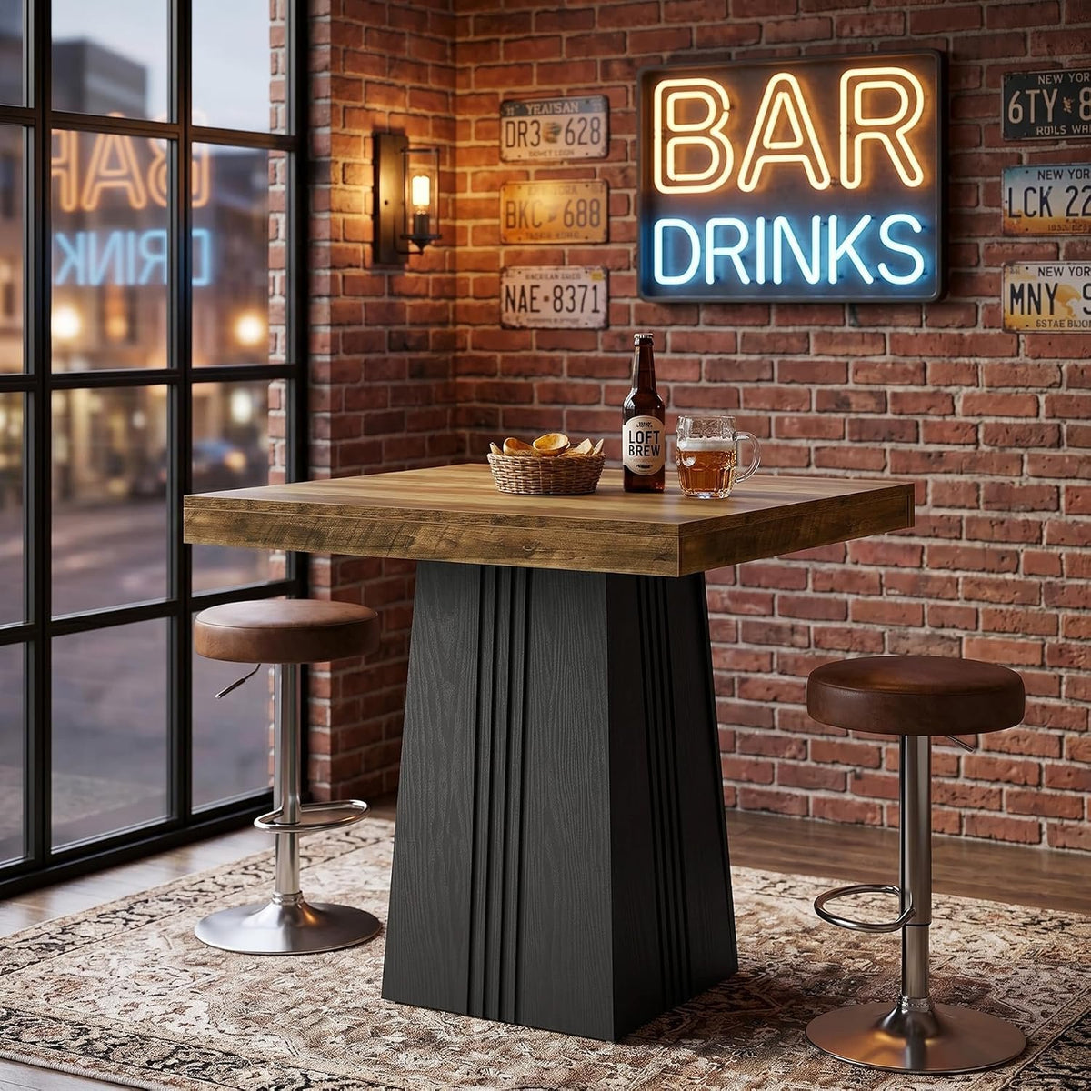 80cm Square Bar Table, Rustic Pub Table with Ribbed Base for Kitchen Dining