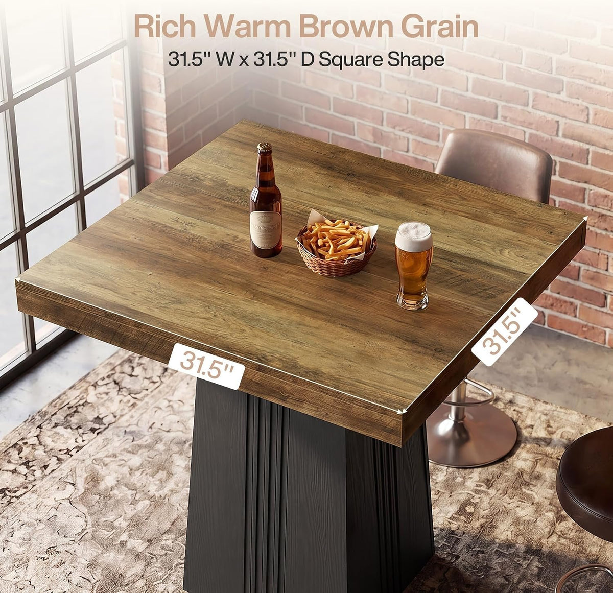 80cm Square Bar Table, Rustic Pub Table with Ribbed Base for Kitchen Dining