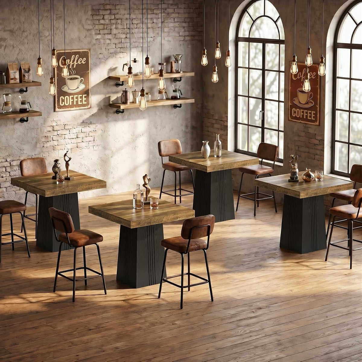 80cm Square Bar Table, Rustic Pub Table with Ribbed Base for Kitchen Dining