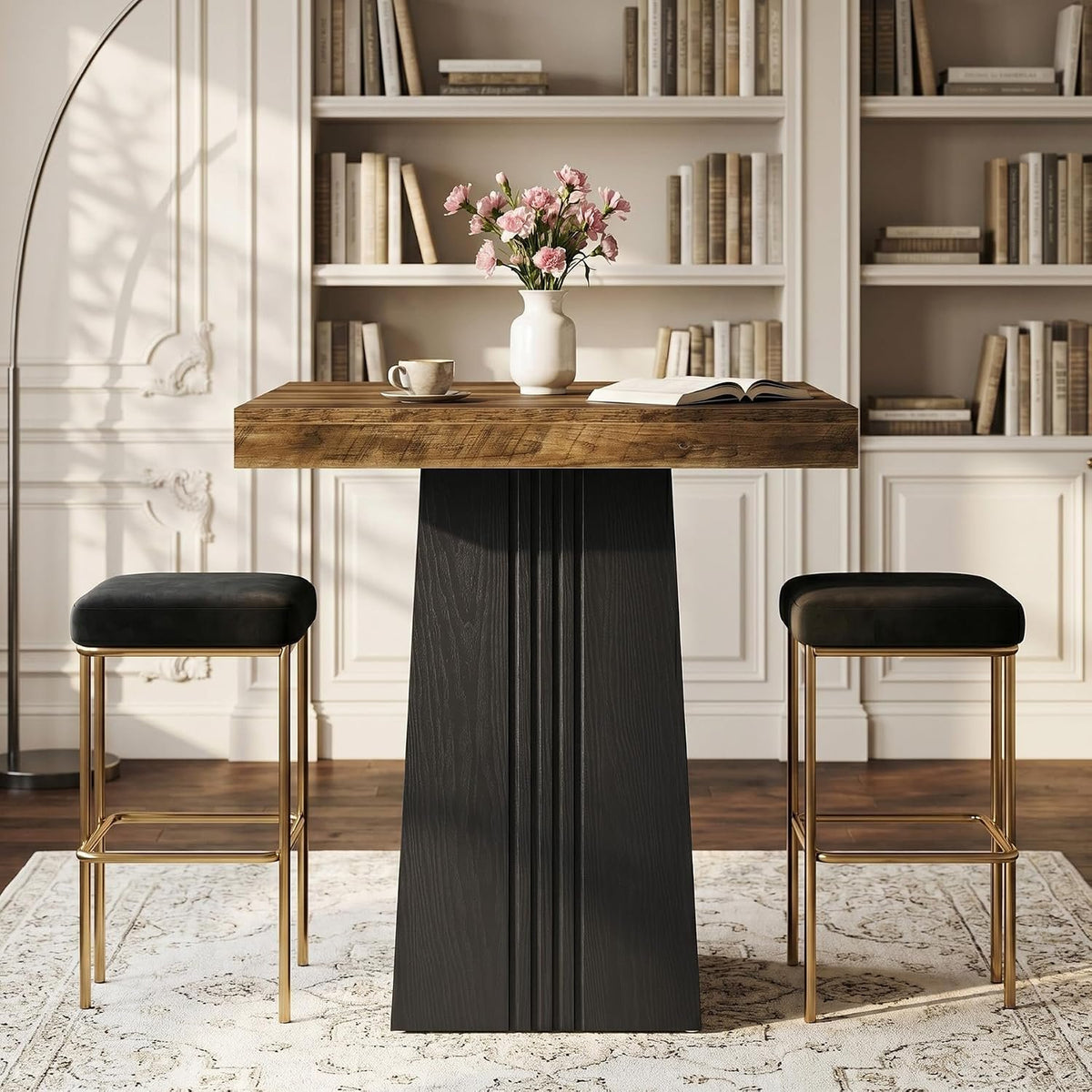 80cm Square Bar Table, Rustic Pub Table with Ribbed Base for Kitchen Dining