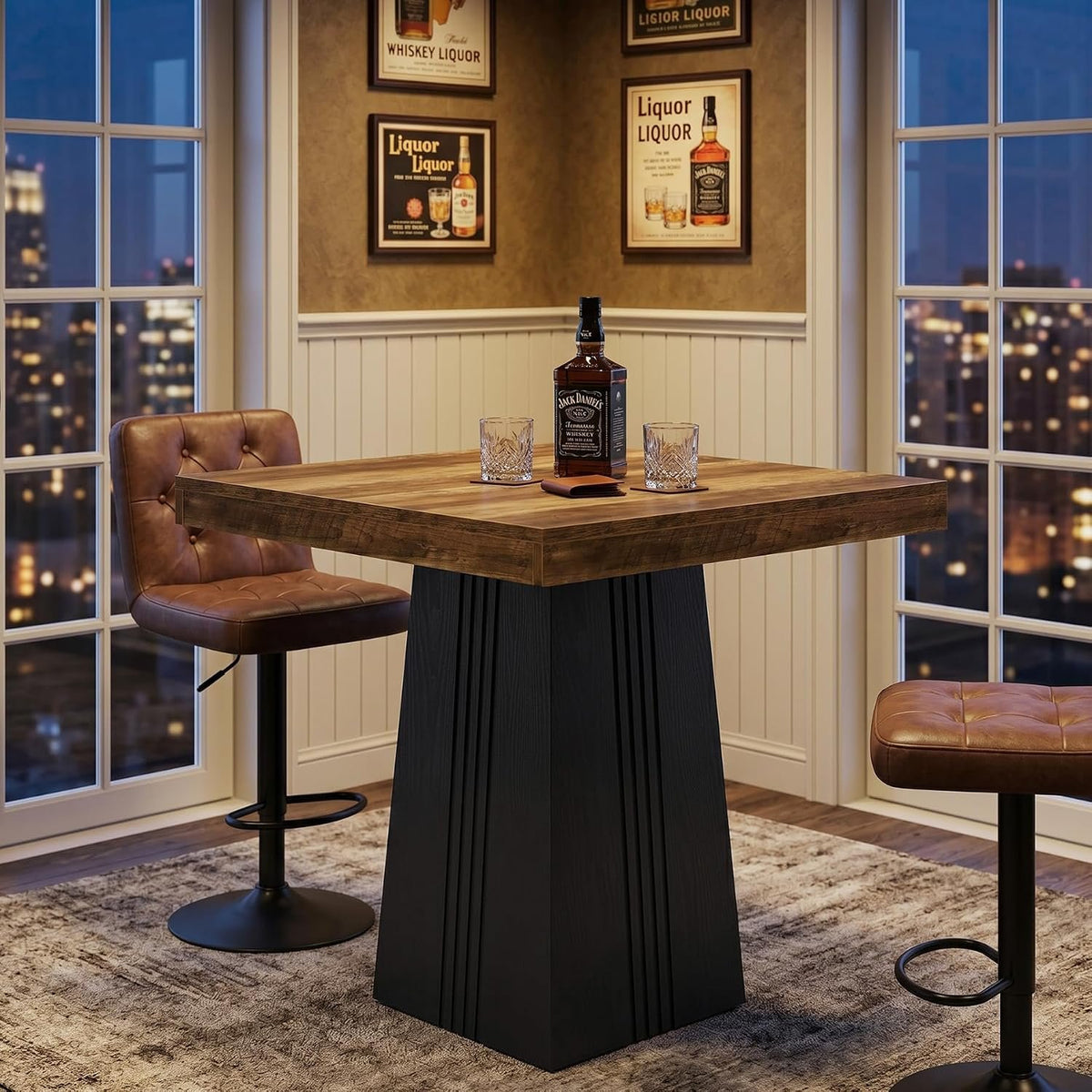 80cm Square Bar Table, Rustic Pub Table with Ribbed Base for Kitchen Dining