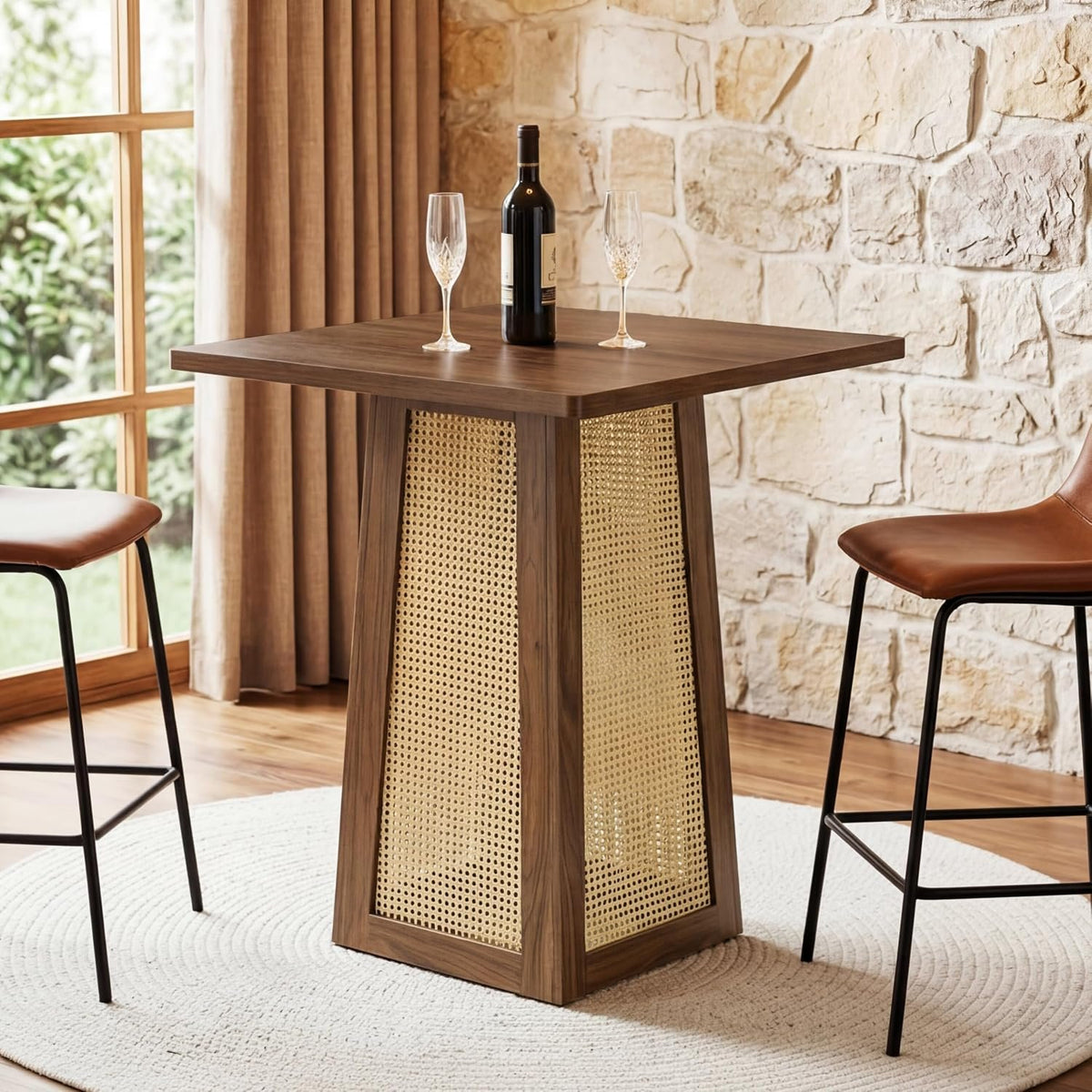 80cm Square Bar Table, Counter Height Rattan Pedestal Pub Table for Home Bar Kitchen