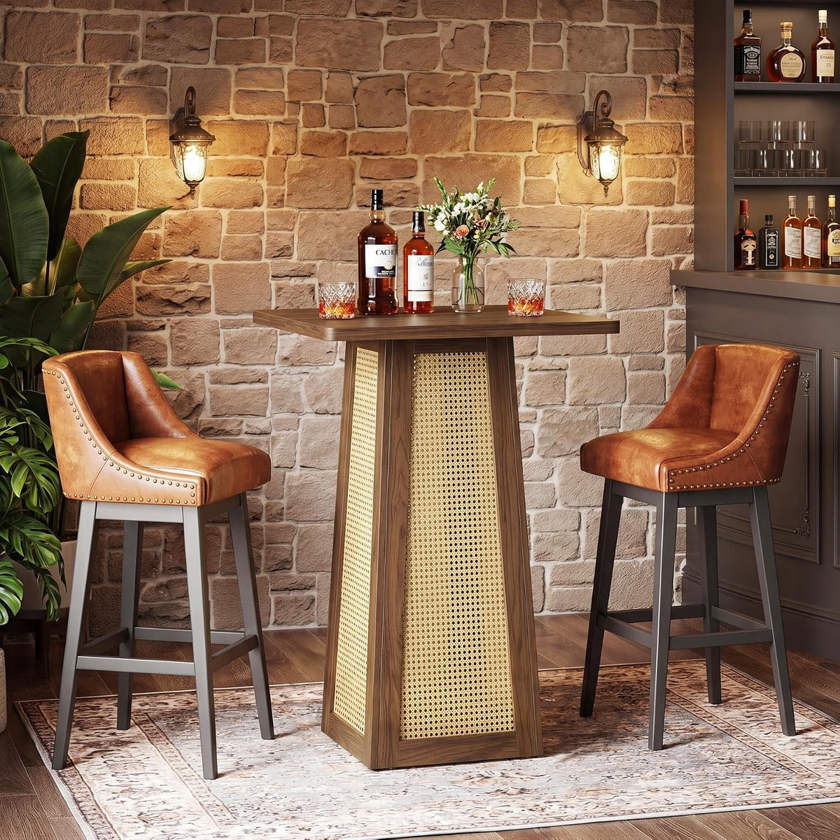 80cm Square Bar Table, Counter Height Rattan Pedestal Pub Table for Home Bar Kitchen