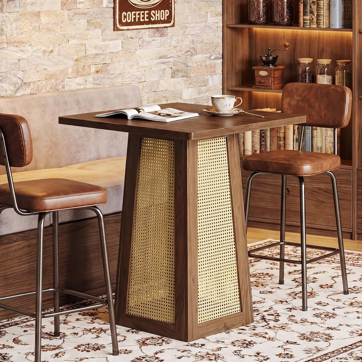 80cm Square Bar Table, Counter Height Rattan Pedestal Pub Table for Home Bar Kitchen