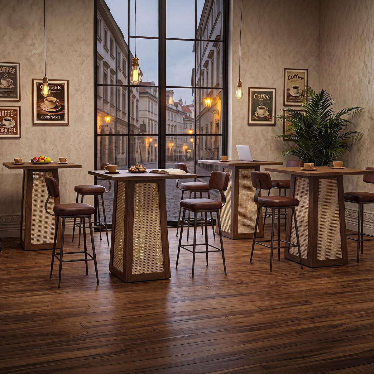 80cm Square Bar Table, Counter Height Rattan Pedestal Pub Table for Home Bar Kitchen
