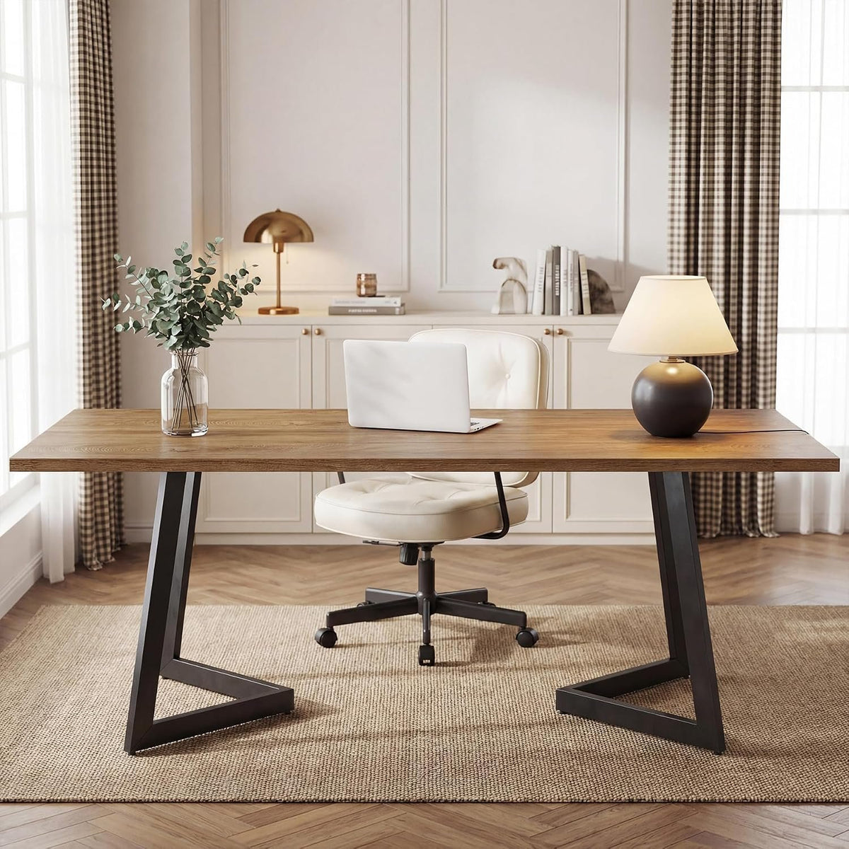 158cm Computer Desk, Industrial Office Desk with V-Shaped Metal Legs