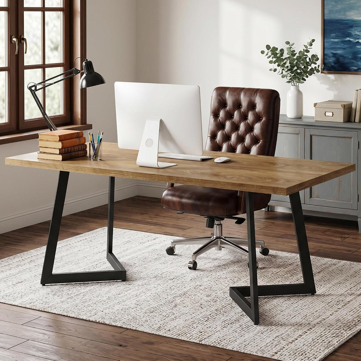 158cm Computer Desk, Industrial Office Desk with V-Shaped Metal Legs