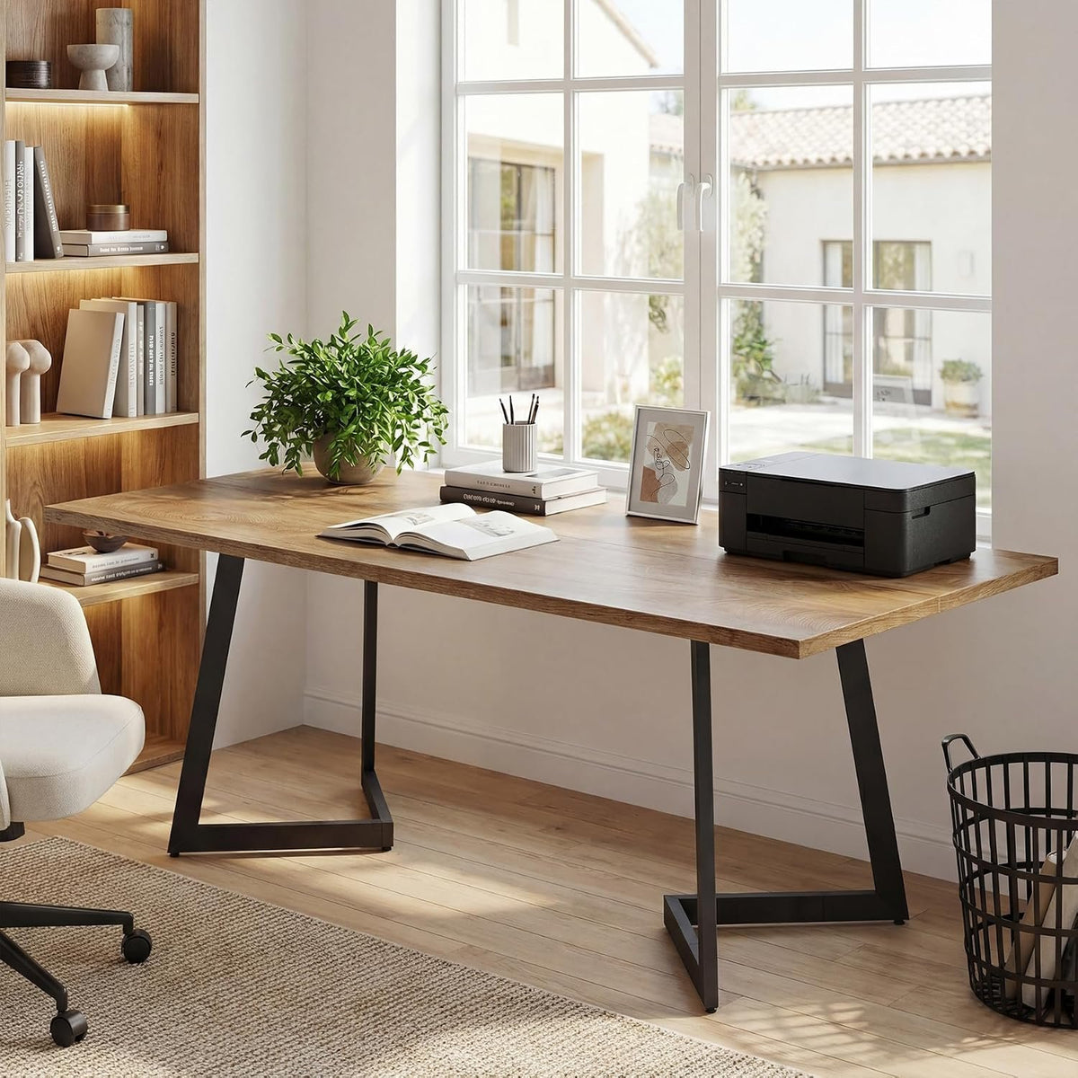 158cm Computer Desk, Industrial Office Desk with V-Shaped Metal Legs