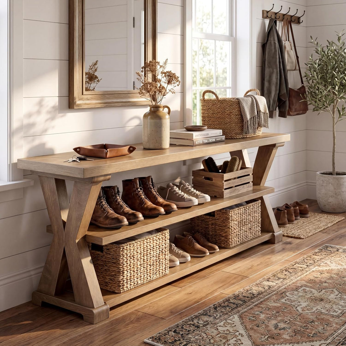 160cm Shoe Bench, 3-Tier Entryway Storage Bench with Seat for Hallway
