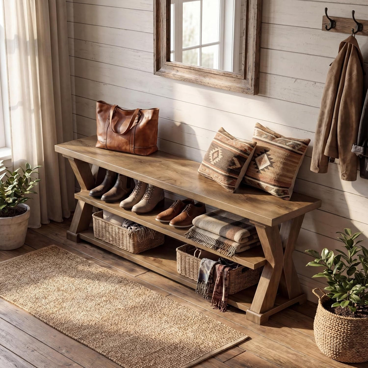 160cm Shoe Bench, 3-Tier Entryway Storage Bench with Seat for Hallway