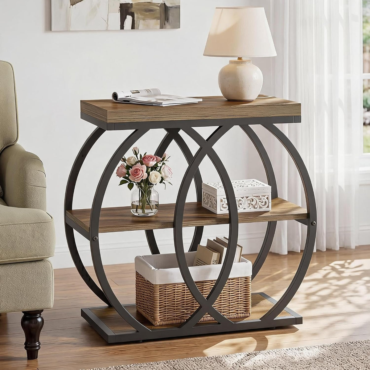 60cm Narrow Side Table, 3-Tier Industrial Metal Frame Storage Shelf