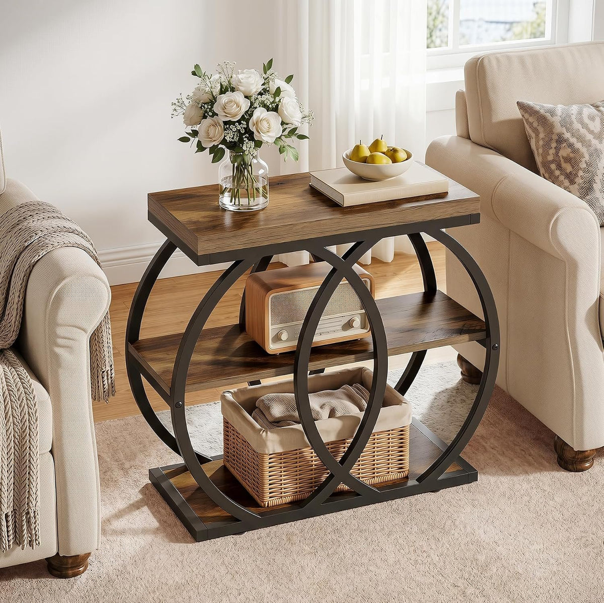 60cm Narrow Side Table, 3-Tier Industrial Metal Frame Storage Shelf