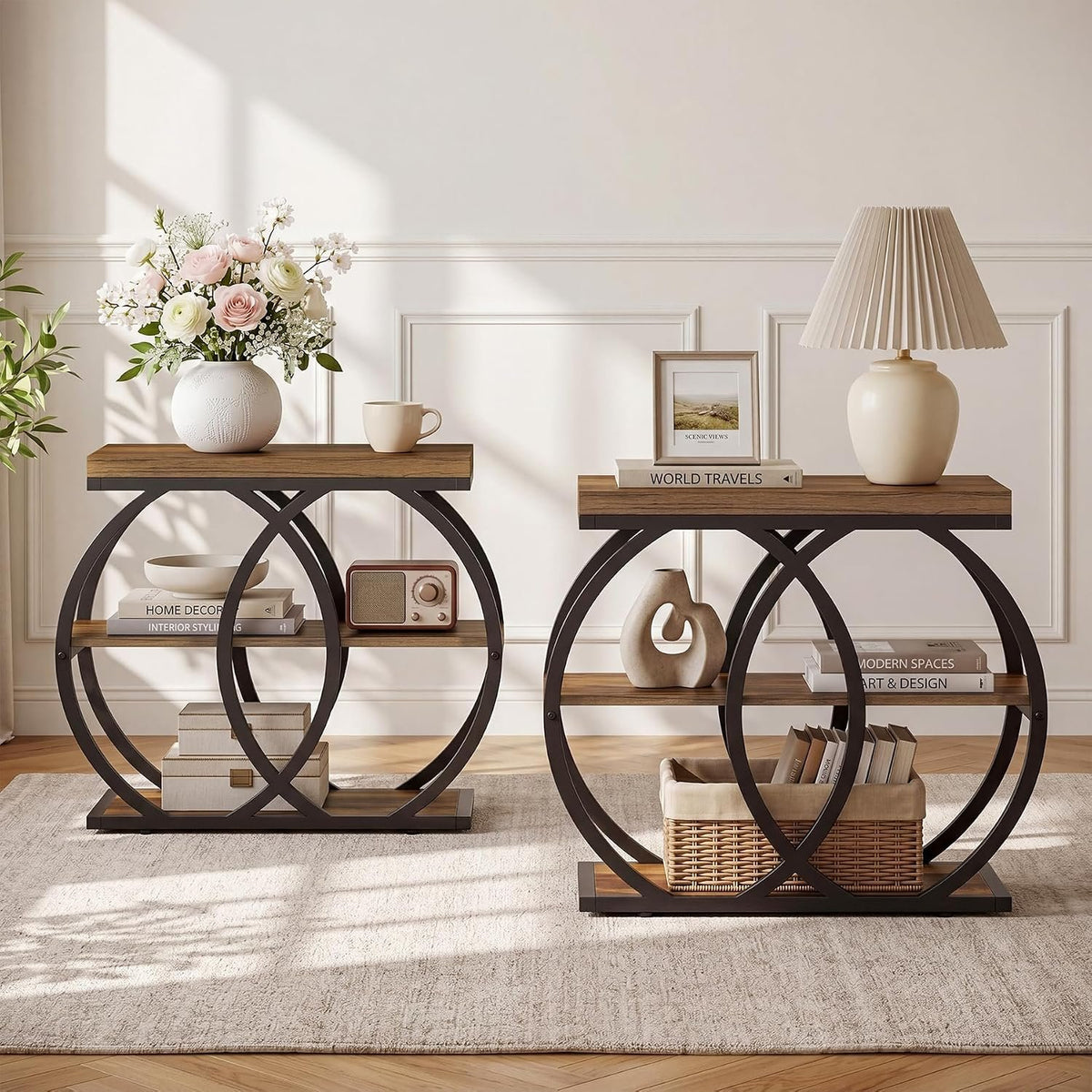 60cm Narrow Side Table, 3-Tier Industrial Metal Frame Storage Shelf